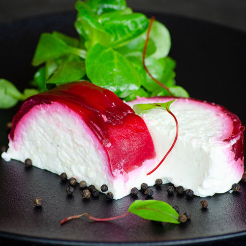 Horseradish and sheep’s milk terrine with beetroot and lamb’s lettuce