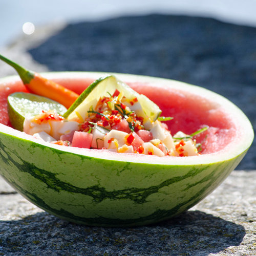 Watermelon salad with brine-ripened sheep´s milk cheese and mint